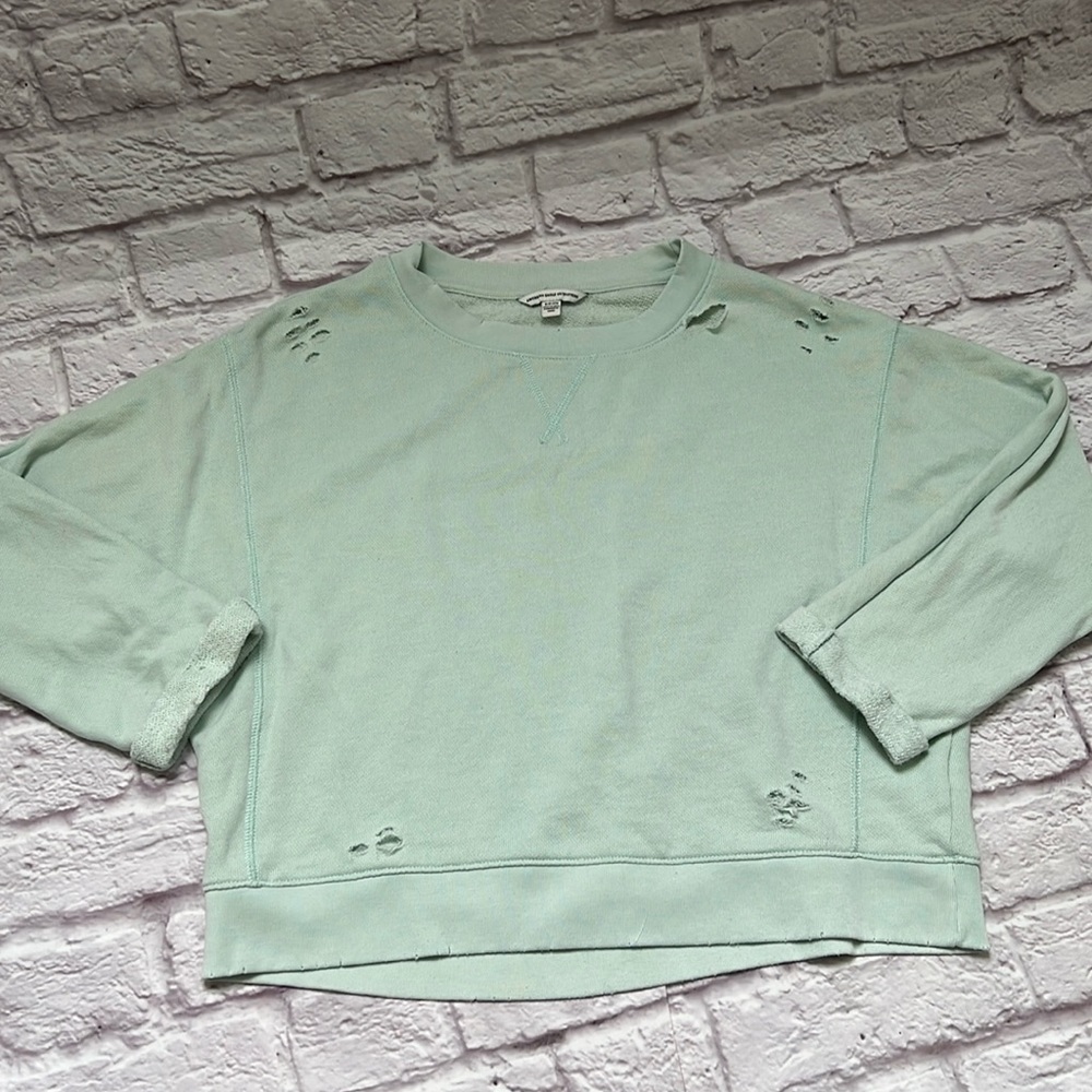 American eagle distressed ripped green sweatshirt